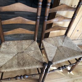 Set Of 6 Antique Cherry Ladder Back Chairs With Rush Seats
