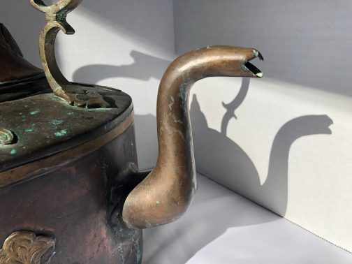 Antique Large Copper Teapot With Brass Applique
