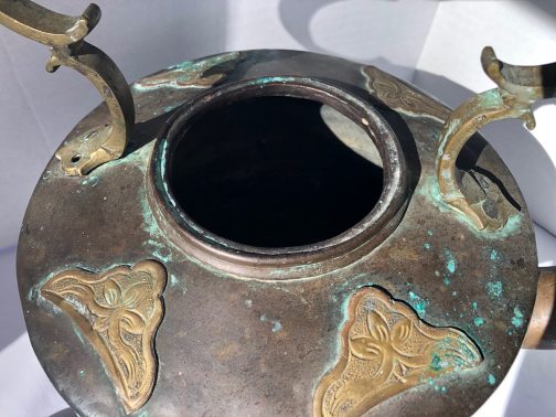 Antique Large Copper Teapot With Brass Applique