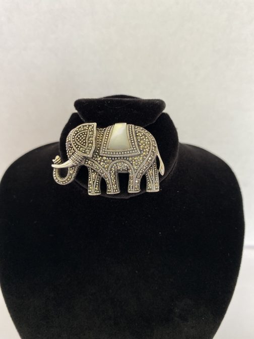 Sterling Silver Marcasite & Mother Of Pearl Elephant Pendant/Brooch