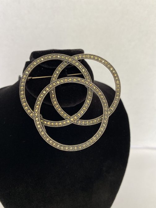 LOOK! Huge Gorgeous 3 Ring Open Sterling Marcasite Brooch