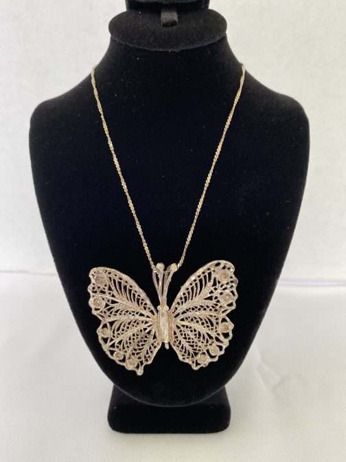 Large Sterling Butterfly Filigree Pendant With Sterling Necklace