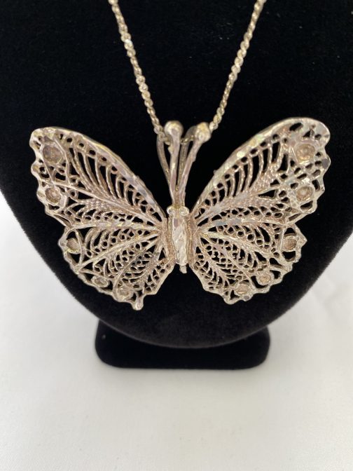 Large Sterling Butterfly Filigree Pendant With Sterling Necklace