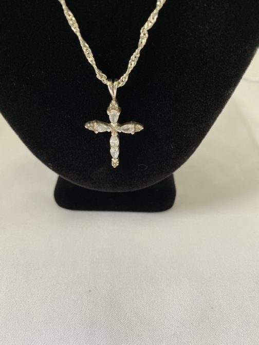 Sterling Silver Chain With Cubic Zirconia Sterling Silver Cross Pendant, 18”