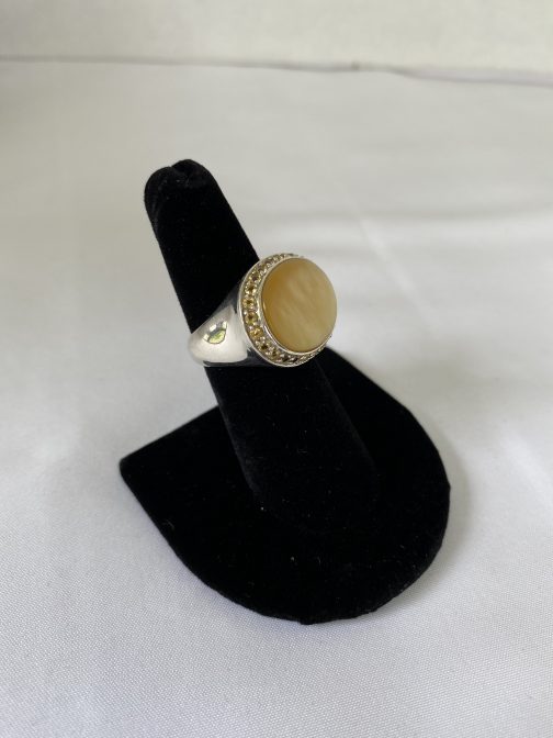 Sterling Silver And Yellow Mother Of Pearl Oblong Ring, Size 7