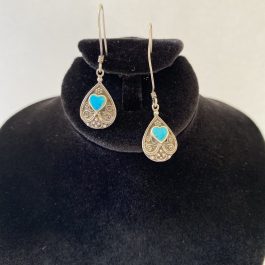 Pair Of Sterling Silver Earrings With Turquoise Heart, 2¾” Long