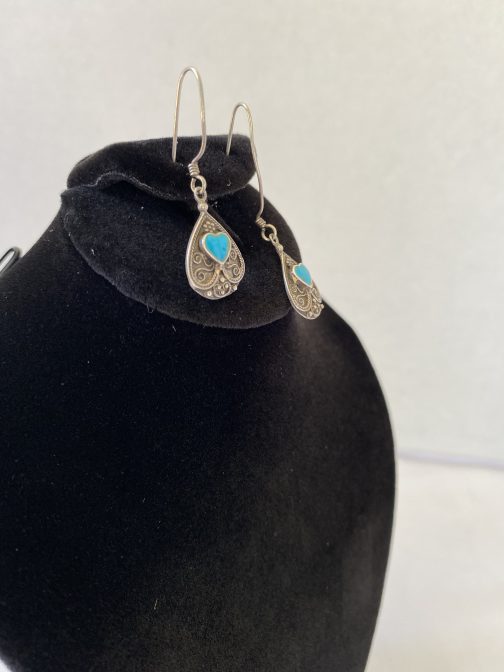 Pair Of Sterling Silver Earrings With Turquoise Heart, 2¾” Long