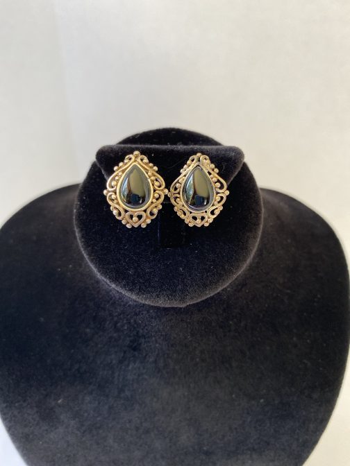 Old Pair Of Sterling Silver Earrings With Black Stone, ¾” x ½”, Marked 925