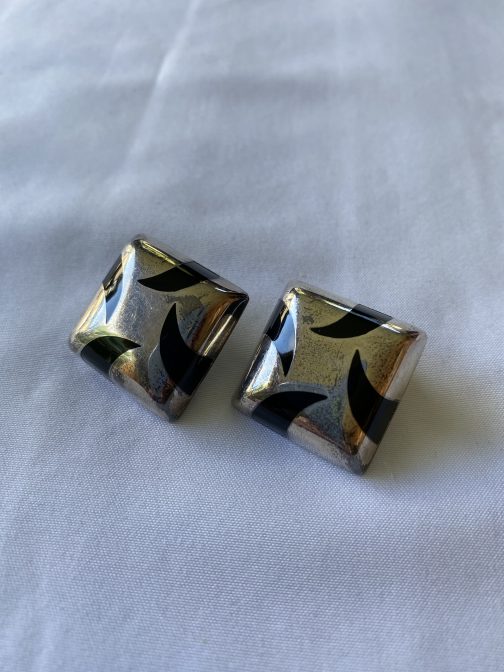 Pair Of Sterling Silver And Black Clip On Earrings, Heavy