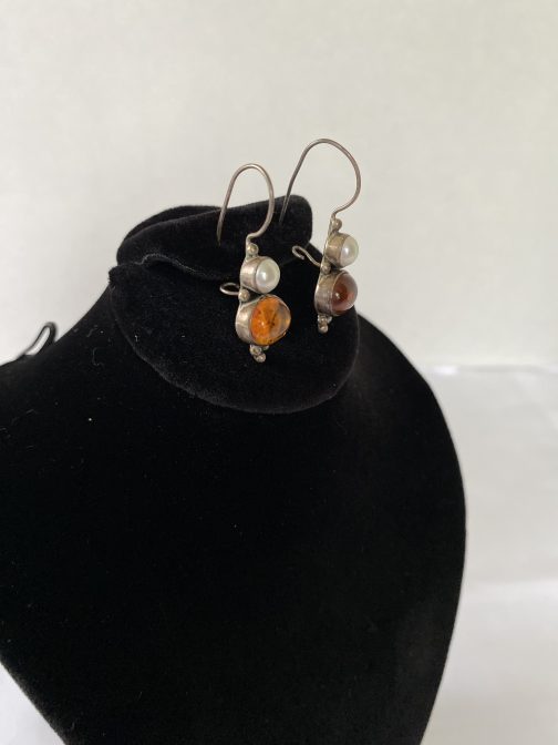 Sterling Silver Pierced Earrings With Gold And White Stones