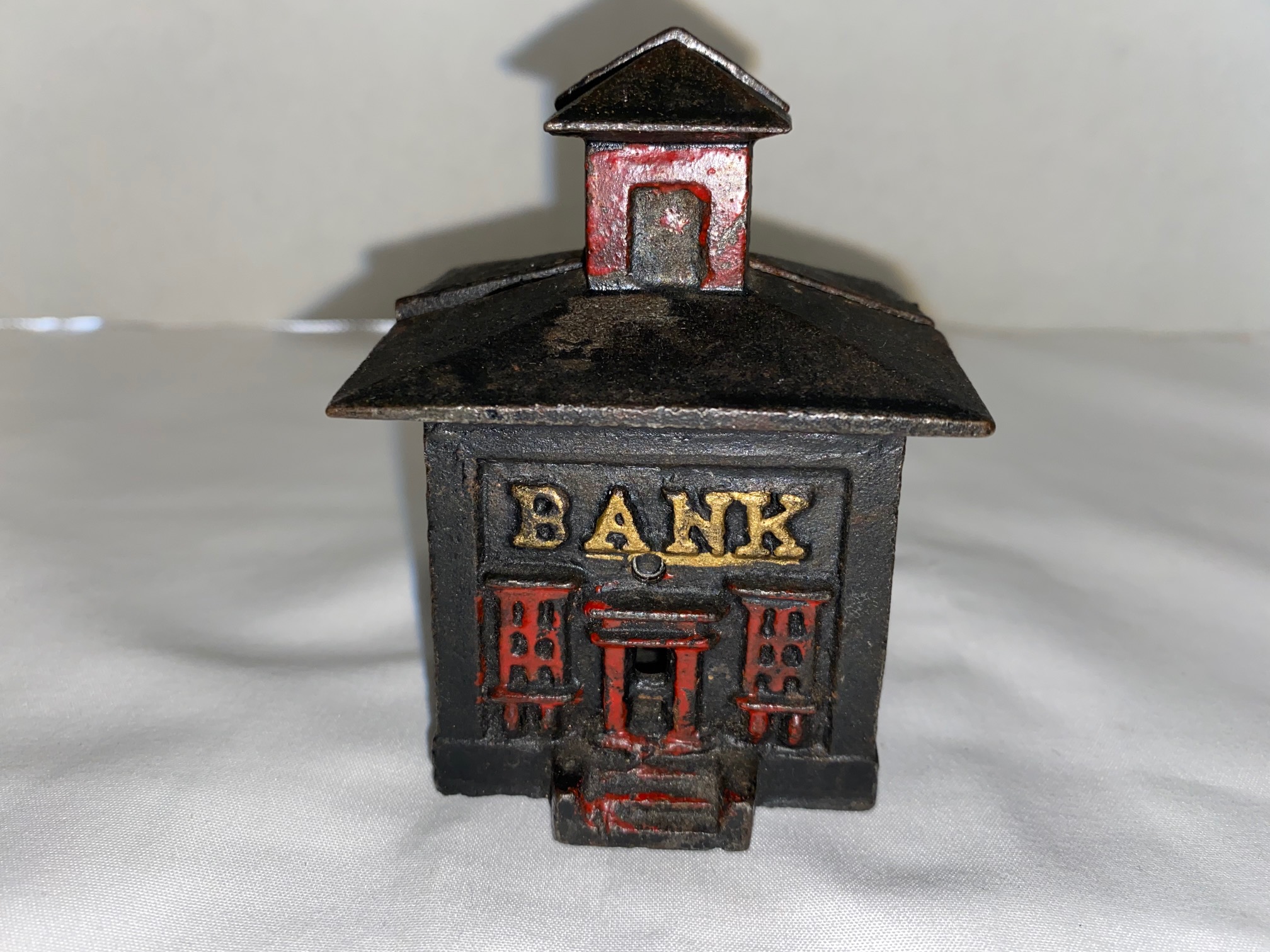 Antique Vintage Cast Iron 2pc Coin Piggy Bank Building – 3.5″ Tall