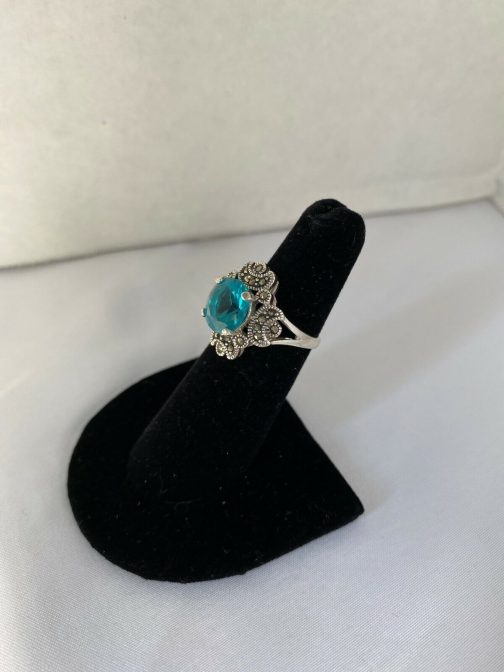 Beautiful Teal Aqua Colored Sterling Silver CZ & Marcasite Ring (New) 1