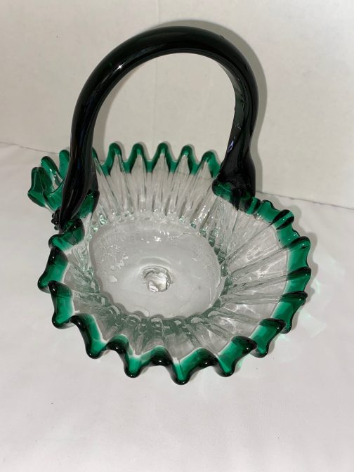 Green Edged Clear Glass Basket – Hand Blown