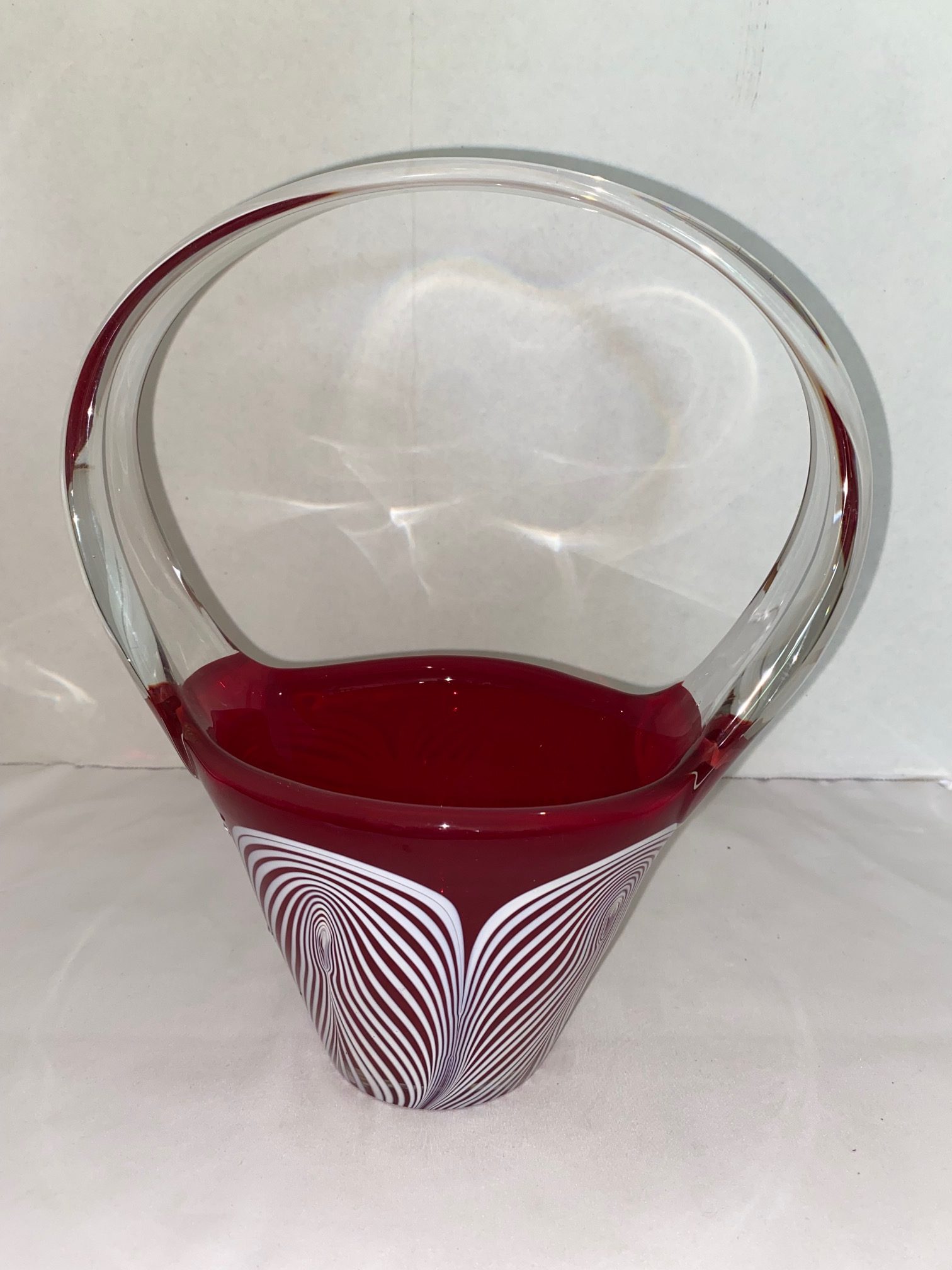Art Glass Handled Basket with Red, White and Clear Glass - HEAVY