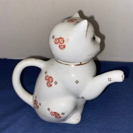 Vintage White Ceramic Kitty Cat Single Serve Tea Pot Creamer Red- Orange Flowers