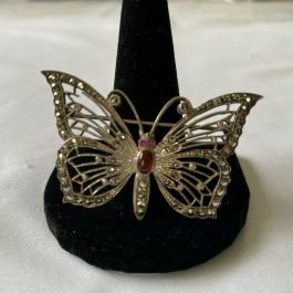 Sterling Silver Butterfly Brooch/Pin w/Marcasite & Red Stones