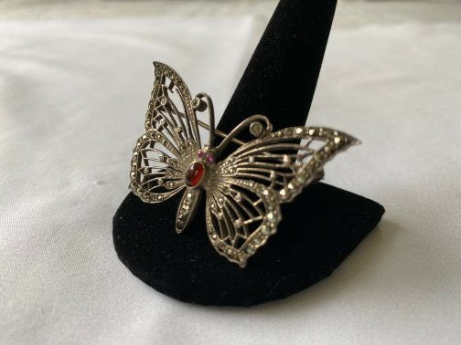 Sterling Silver Butterfly Brooch/Pin w/Marcasite and Red Stones