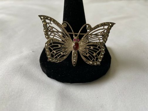 Sterling Silver Butterfly Brooch/Pin w/Marcasite and Red Stones