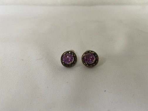 Sterling Silver Marcasite Earrings With Amethyst Colored Center Stone