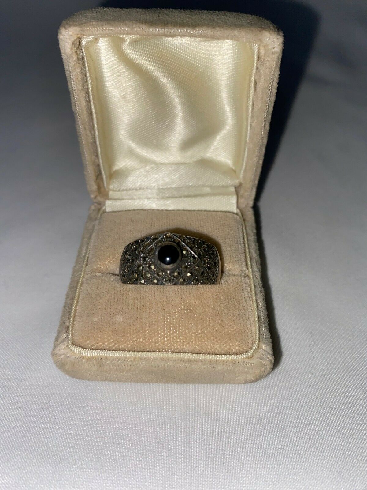 Sterling Silver Marcasite & Onyx Estate Ring, Size 10