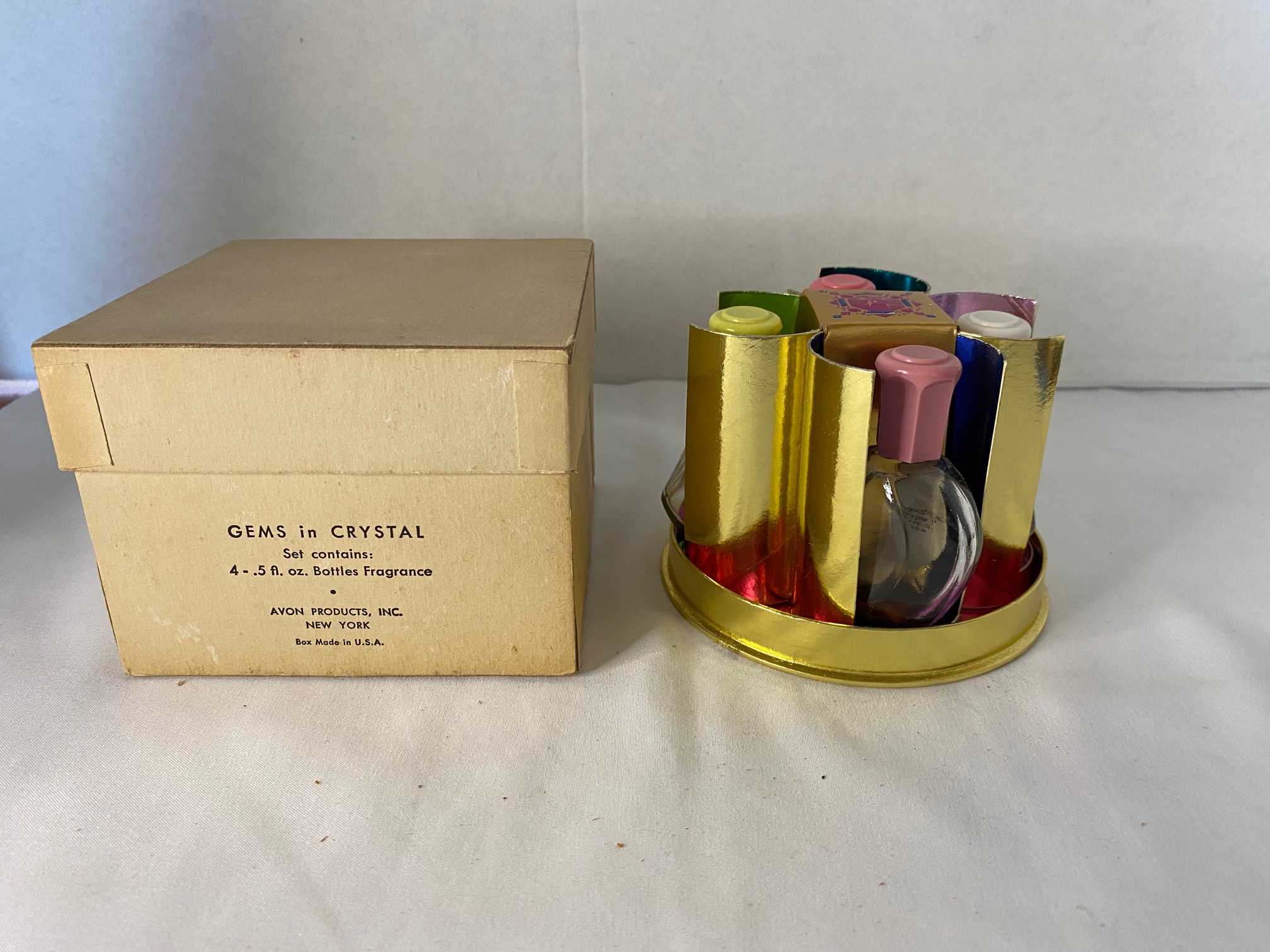 RARE Vintage 1957 Avon Gems In Crystal 4 Bottle Set Mostly Empty WITH BOX