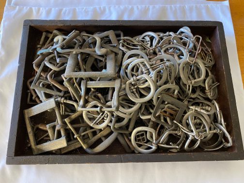 Vintage Wooden Box Full of Old Metal Belt Buckles – HEAVY