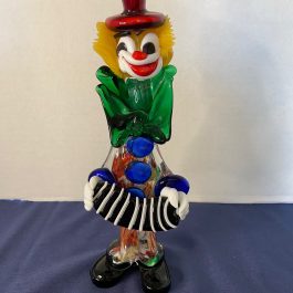 Vintage Murano Art Glass Clown 11″ Tall Green Bow & Red Hat w/Accordion