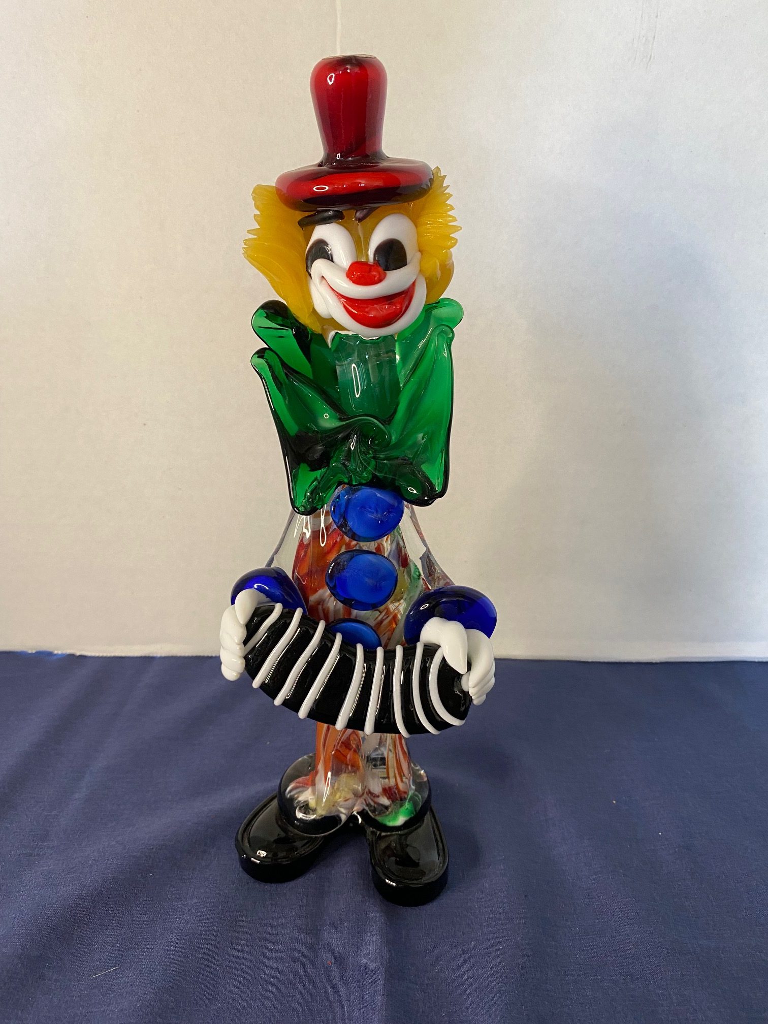 Vintage Murano Art Glass Clown 11″ Tall Green Bow & Red Hat w/Accordion