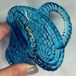 Vintage Blue Glass Basket w/Woven Weave Design Applied Handles 4″