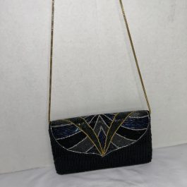 Vintage Black Sequin Evening Clutch w/Gold Tone Shoulder Strap Made In Korea