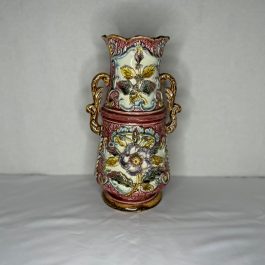 Vintage Majolica Floral Design Vase w/Handles