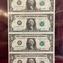 Uncut Sheet Of 4 One Dollar Bills Series 1985