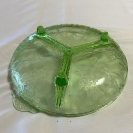 Anchor Hocking Green Uranium Glass Divided 3 Footed Dish – Cameo Ballerina Pattern