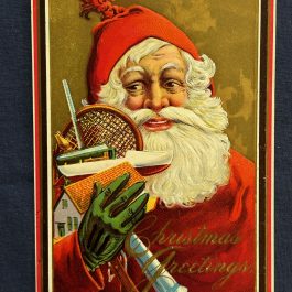 Antique Santa Claus Tennis Racket, Christmas Greetings Postcard – Used