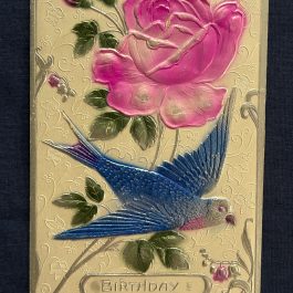 Embossed Pink Flower, Blue Bird, Birthday Greetings Postcard – Unused
