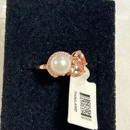 Pink Tone JTV Sterling Silver Ring w/Pearl and Clear Stones, Size 5.5 NEW