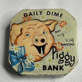 Vintage Tin Lithographed Daily Dime Piggy Bank