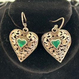 Vintage Sterling Silver Heart & Green Stone Dangling Earrings