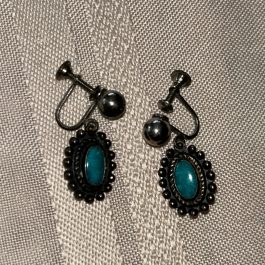 Vintage Native American Inspired Dangle Sterling Silver Earrings Accented With Turquoise, Screw Back