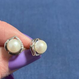 Vintage Sterling Silver Stud Earrings w/White Pearl and CZ Stones