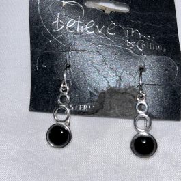Sterling Silver 3 Circle Dangling Earrings w/Black Stone